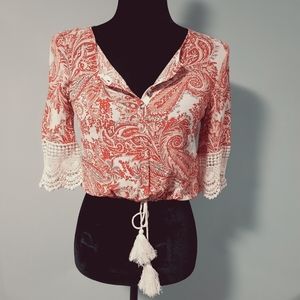 Kendall & Kylie Paisley Pattern Bohemian Lace Tie Up Crop Top